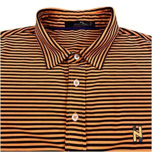 Ralph Lauren RLX Polo Shirt Mens Large Orange Black Stripe Performance Golf Tour